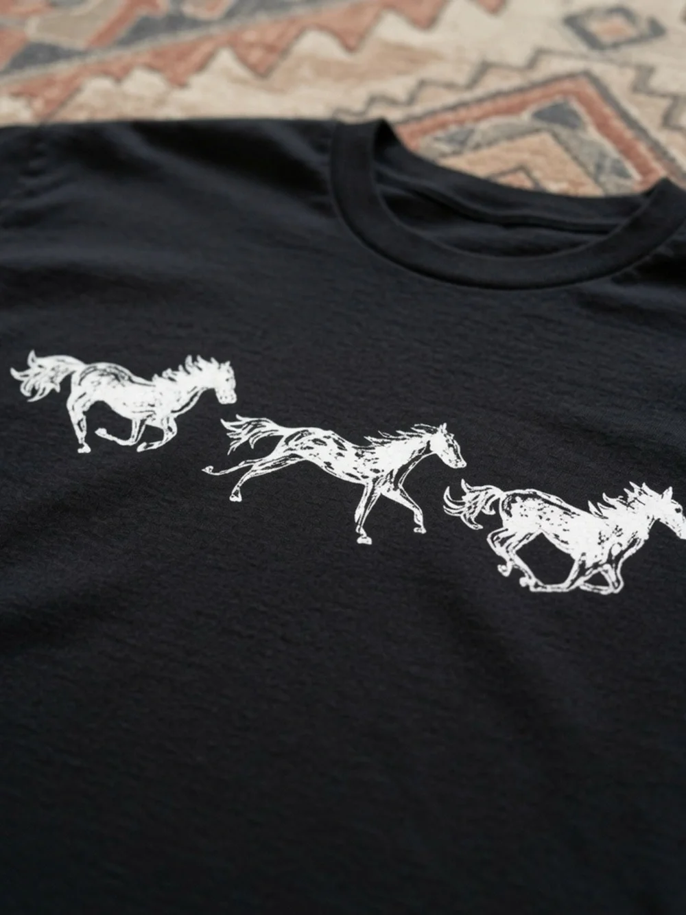 Men's Black Short-Sleeve Tee with White Running Horse Graphic